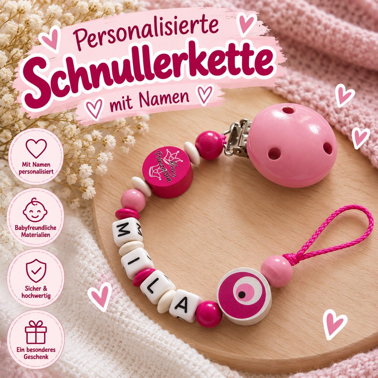 Personalisierte Schnullerkette mit Namen – Rosa & Pink mit Nazar-Motiv