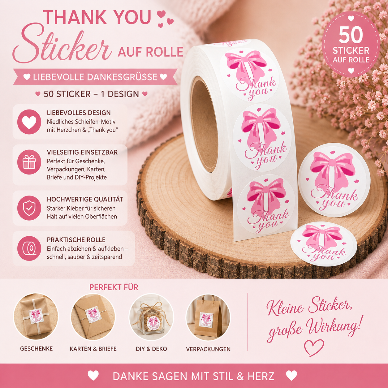 Thank You Sticker Rosa Schleife – 50 selbstklebende Geschenkaufkleber | Rund 25 mm | Verpackungssticker für Geschenke & Handmade