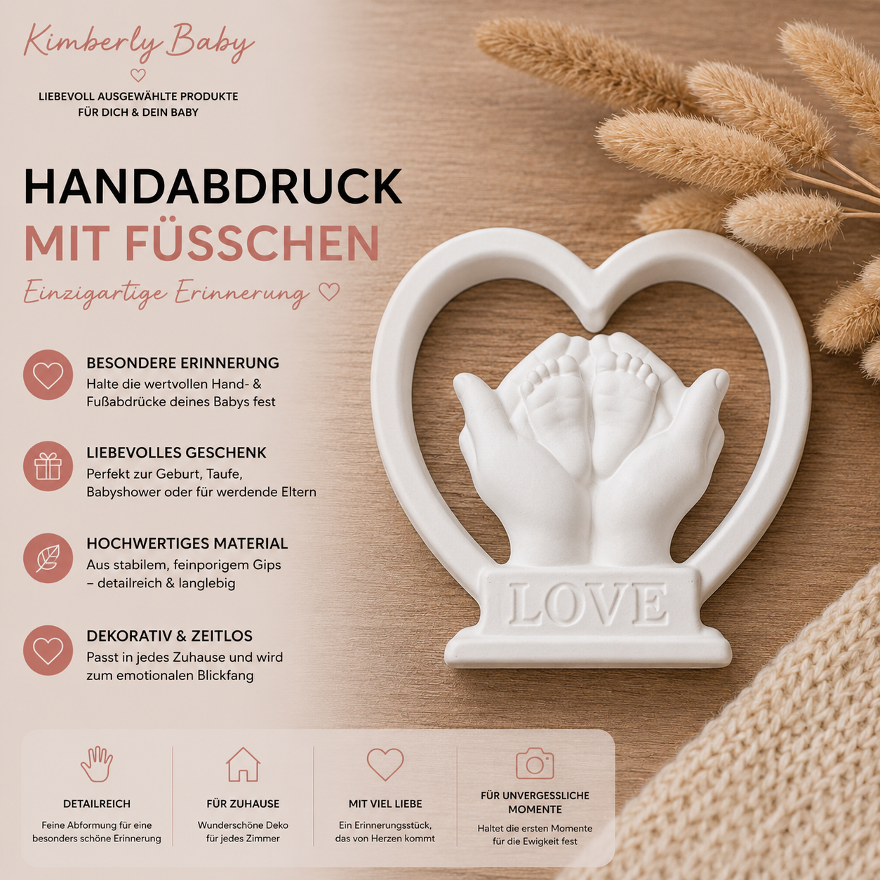 Gips Deko Babyfüße in Händen mit Herz „LOVE“ – Erinnerungsdeko