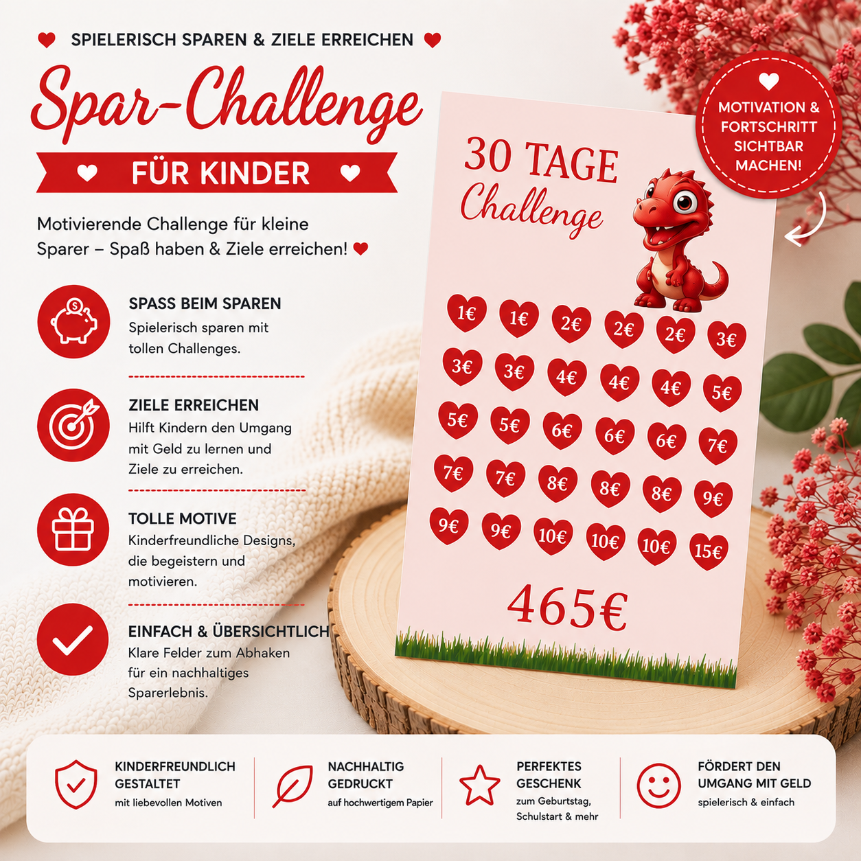 30 Tage Spar-Challenge für Kinder – Hellblau | Sparspiel mit Dinosaurier | Sparziel 100 € | Motivationskarte