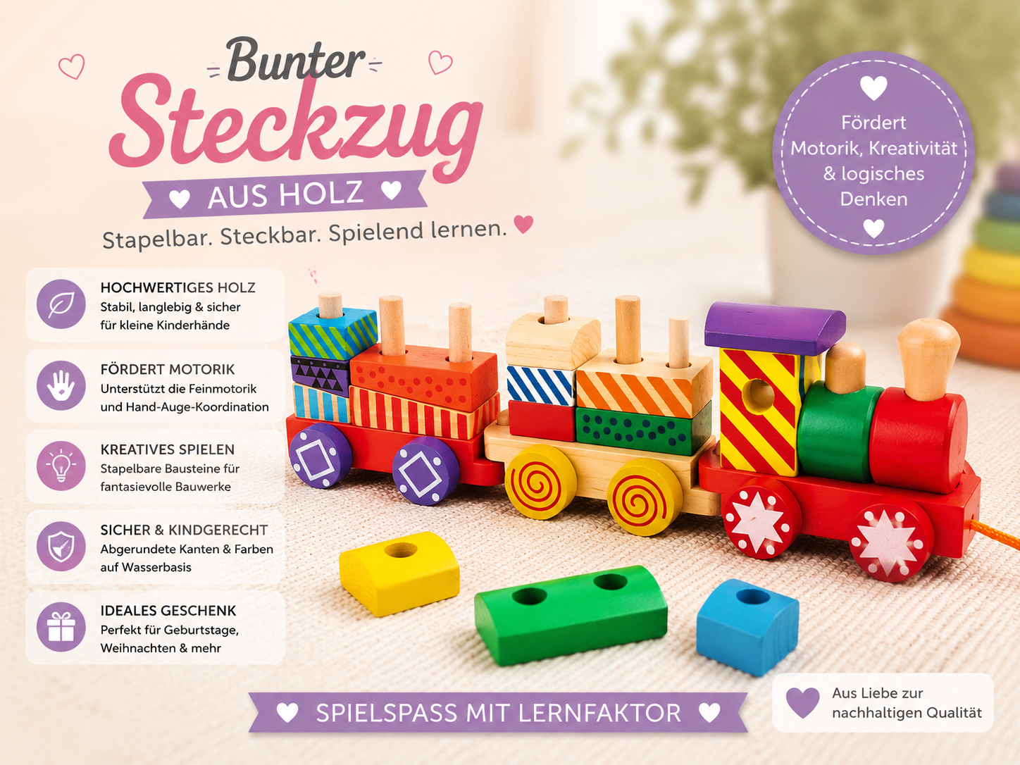 Bunter Holz-Steckzug – Motorikspielzeug & Steckspiel für Kinder
