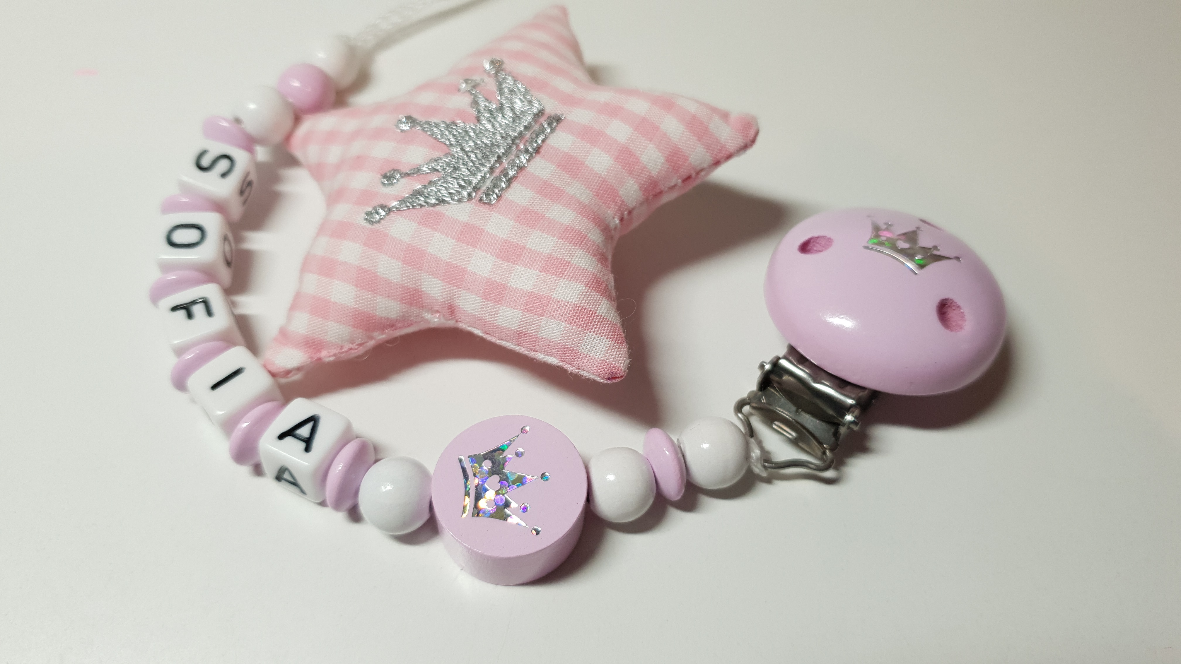 Baby Schnullerkette mit Namen - Krone in rosa weiß