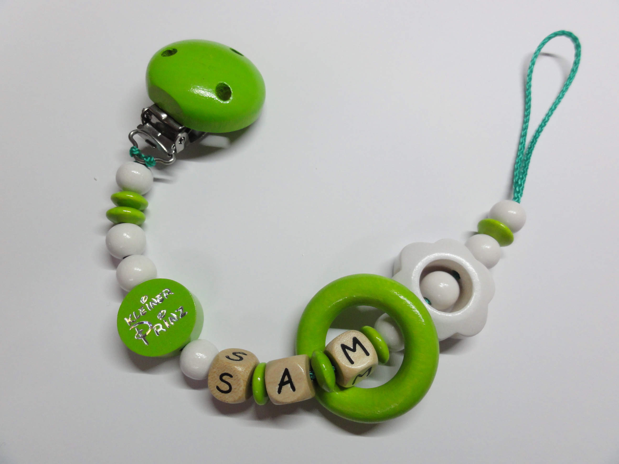 Baby Schnullerkette mit Namen - kleiner Prinz Blume in grün