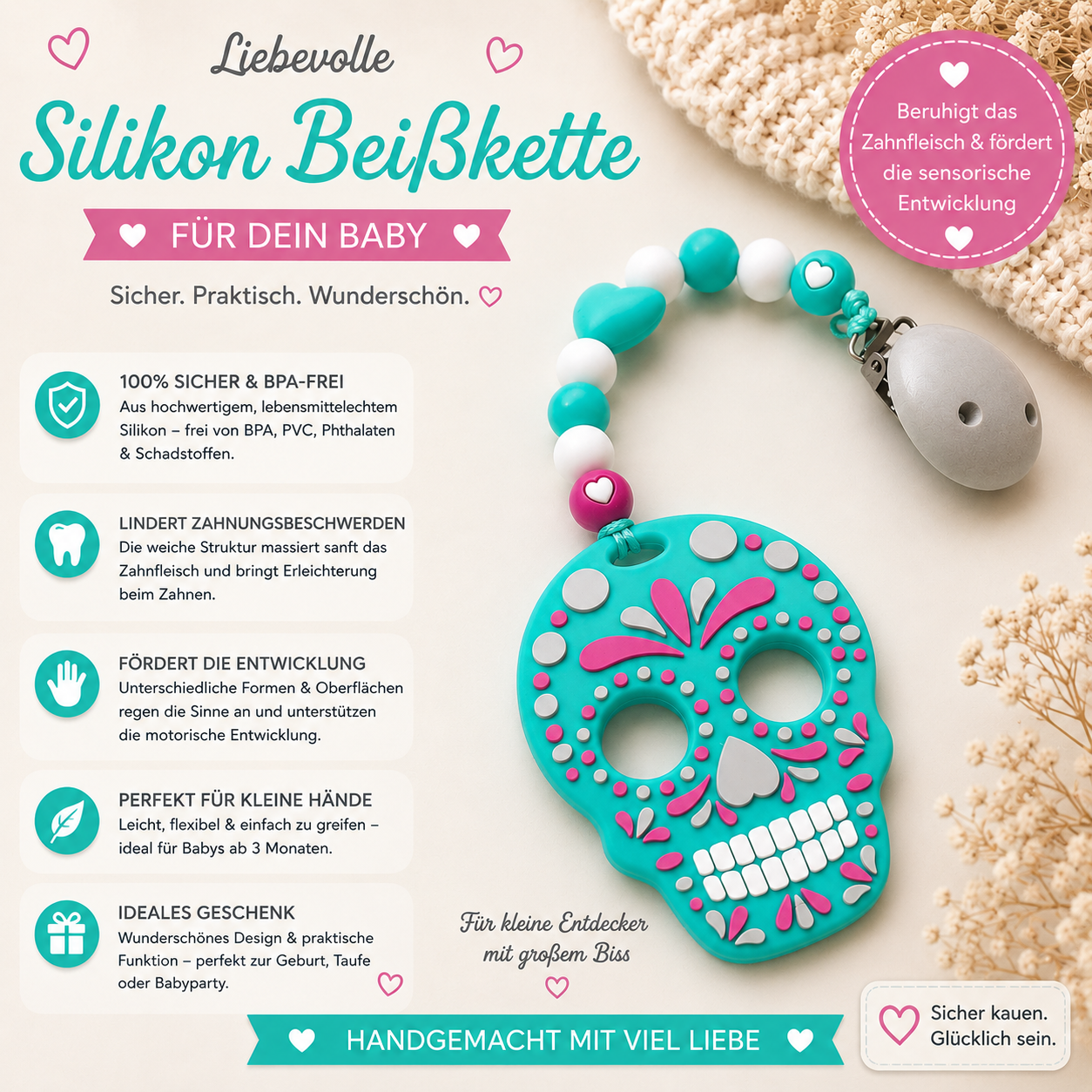Silikon Beißkette für Babys – BPA-frei, sicher & stilvoll