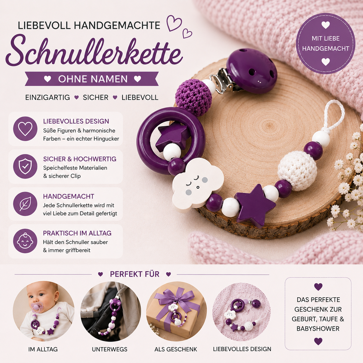 Schnullerkette ohne Namen – Handgemacht in Lila & Weiß mit Häkelperle, Wolke und Stern