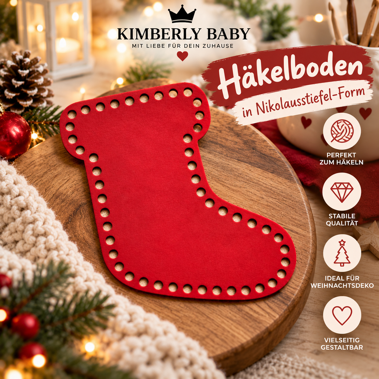 Häkelboden Nikolausstiefel Rot – Häkelrohling aus 3D-Druck für Weihnachtsdeko & DIY