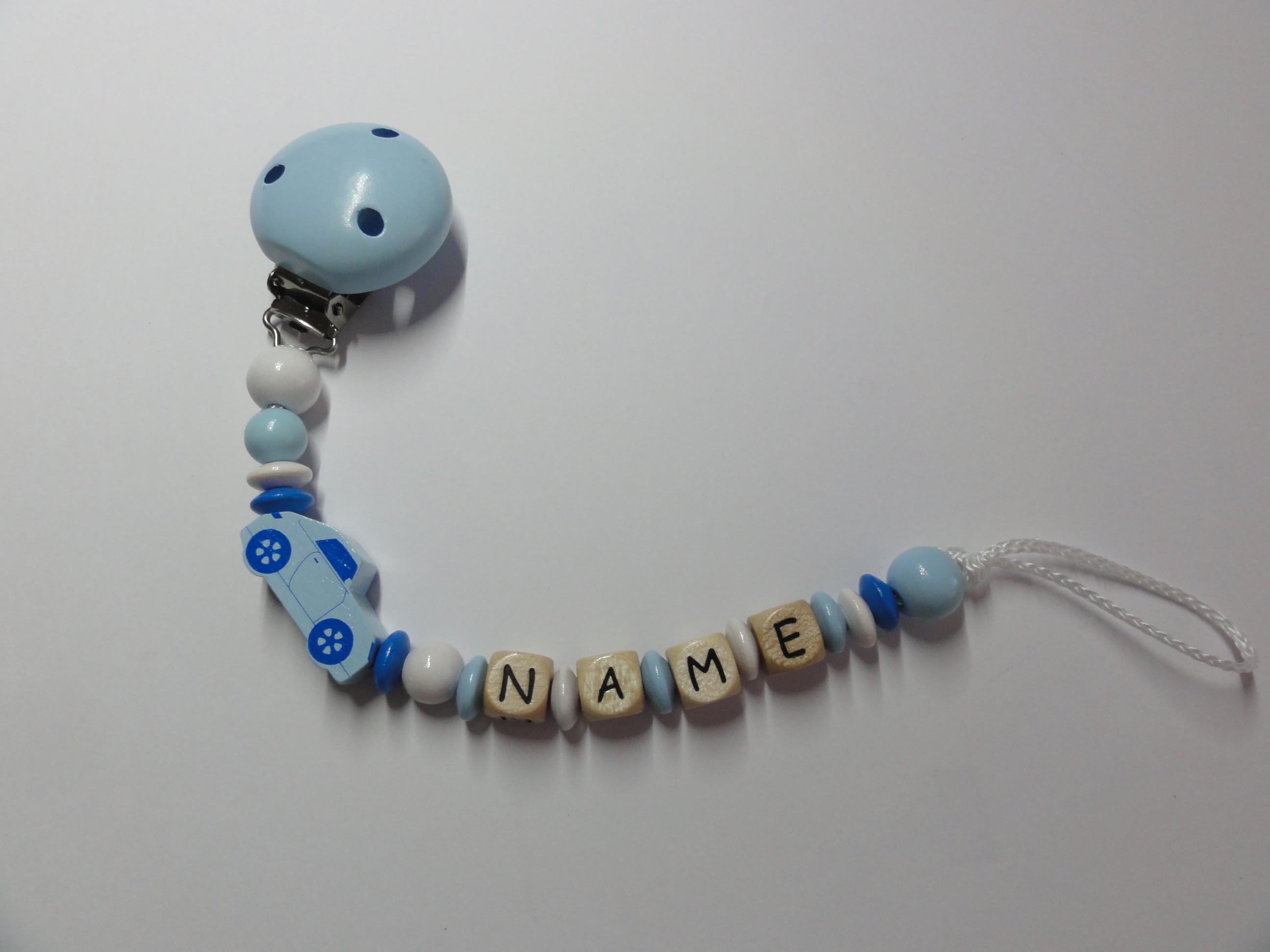Baby Schnullerkette mit Namen - Auto in babyblau