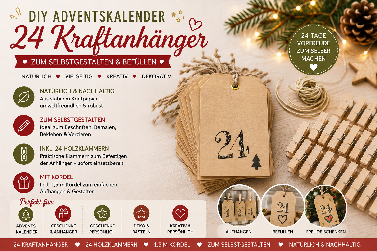 DIY Adventskalender Set – 24 Kraftpapier Anhänger mit Kordel & 24 Holzklammern | Adventskalender zum Selbstgestalten