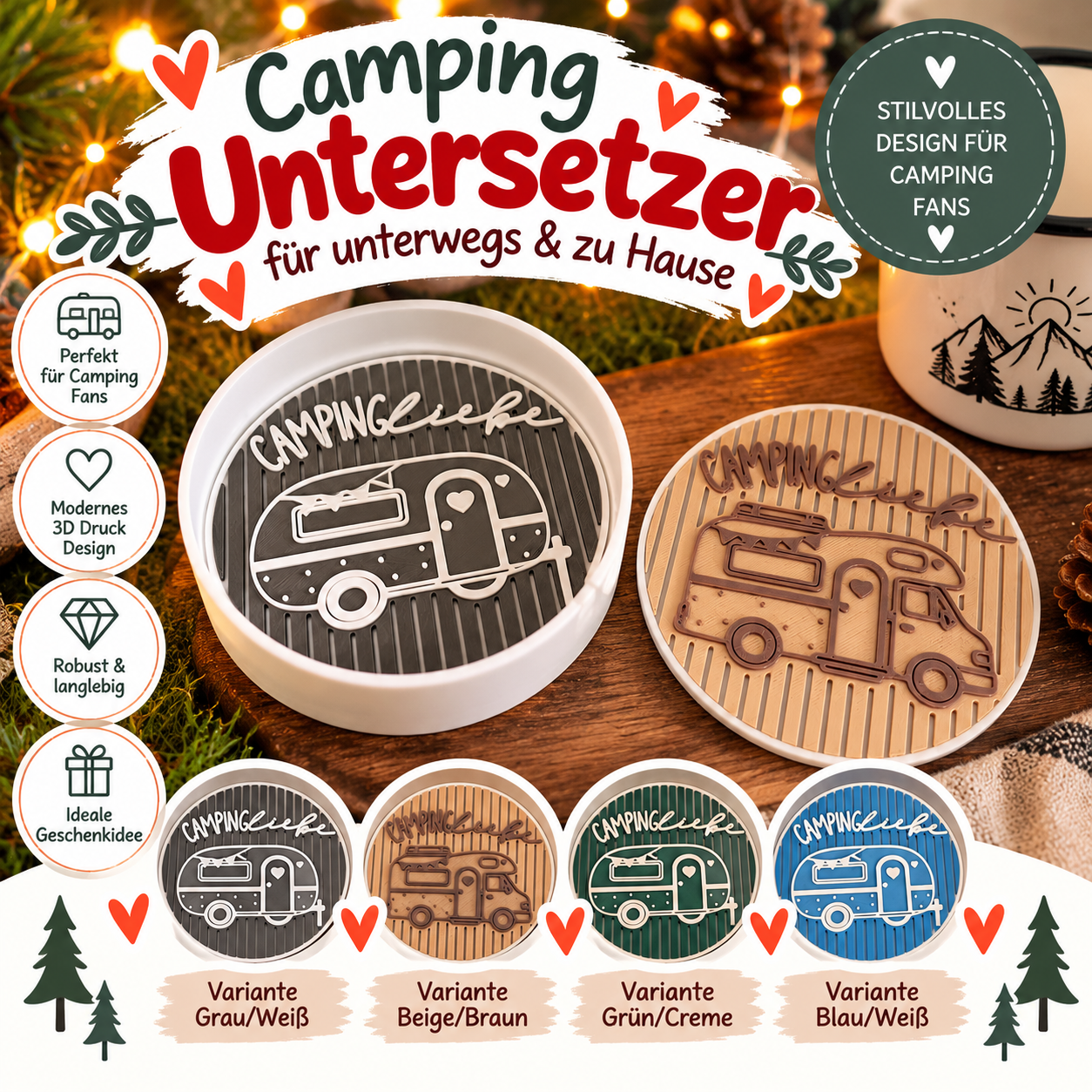 6 Camping Untersetzer aus 3D-Druck – Wohnwagen & Wohnmobil Getränkeuntersetzer