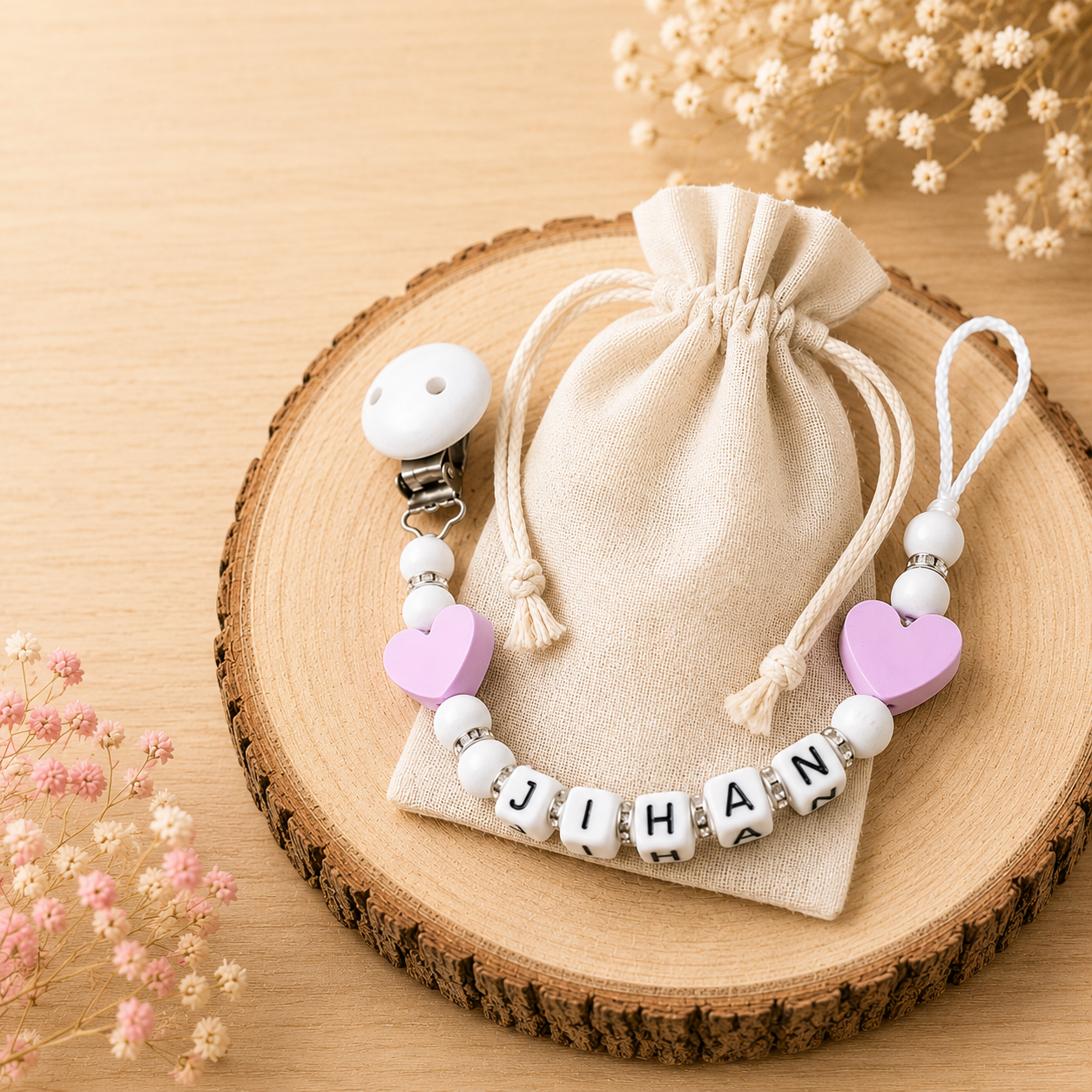 Schnullerkette mit Namen Herz Rosa – Handgefertigt nach DIN EN 12586