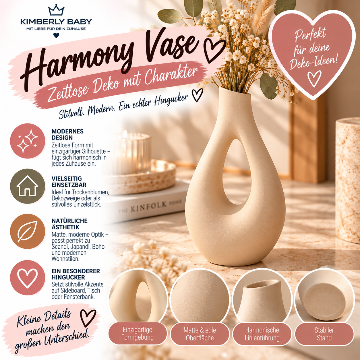Harmony Vase Beige – moderne Design Vase für Trockenblumen & Deko