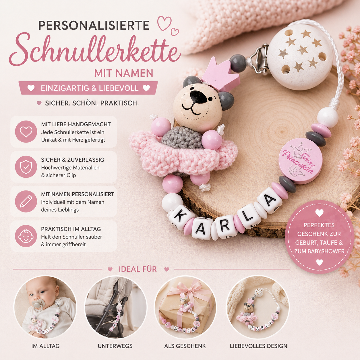 Personalisierte Schnullerkette mit Namen – Bärchen Prinzessin Rosa/Grau | Handgefertigt
