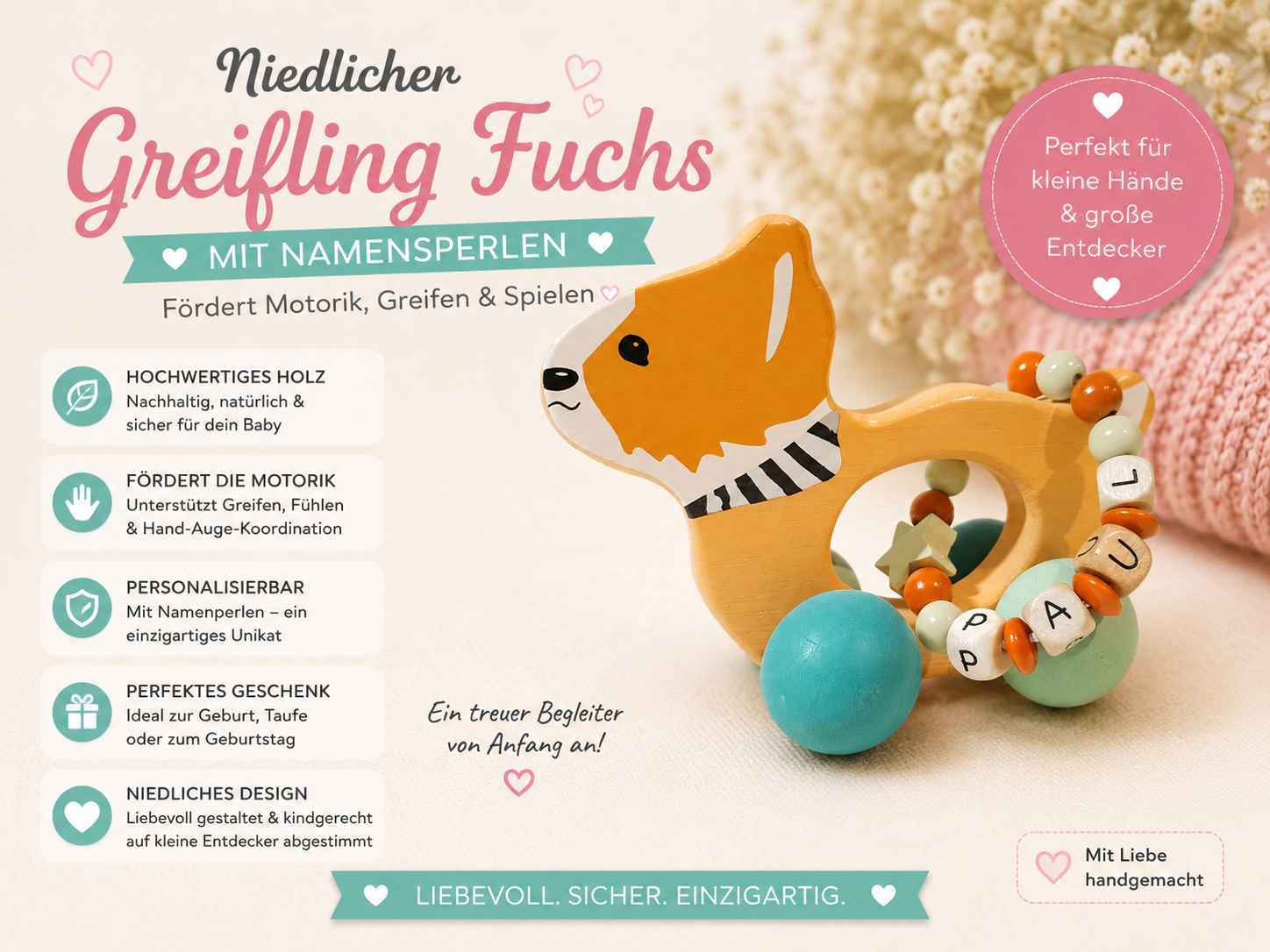 Greifling Fuchs mit Namen – Personalisierter Holzgreifling für Babys