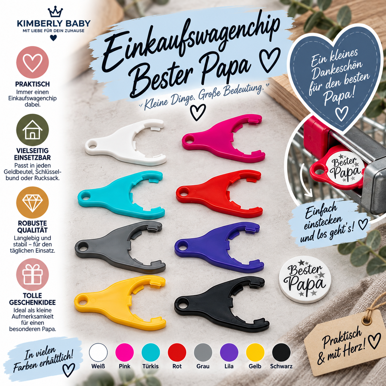 Einkaufswagenchip „Bester Papa“ mit Halter – kleines Geschenk für Papa