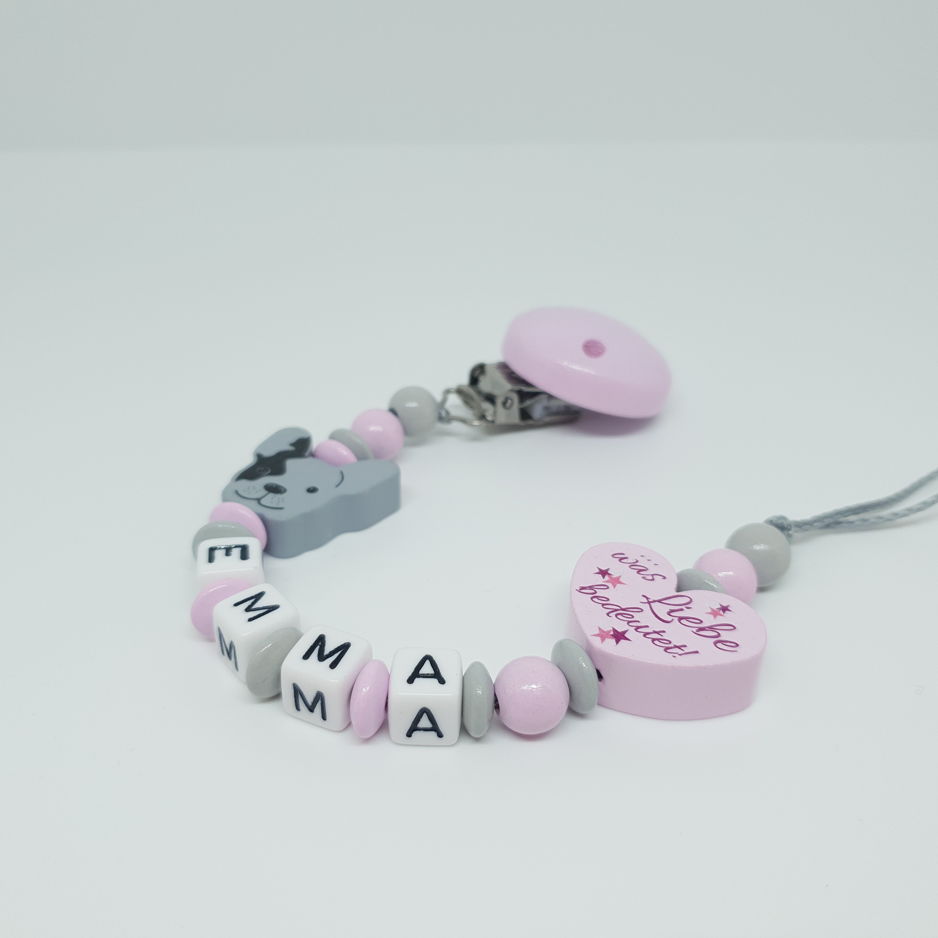 Baby Schnullerkette mit Namen - Bulldogge was Liebe bedeutet in rosa