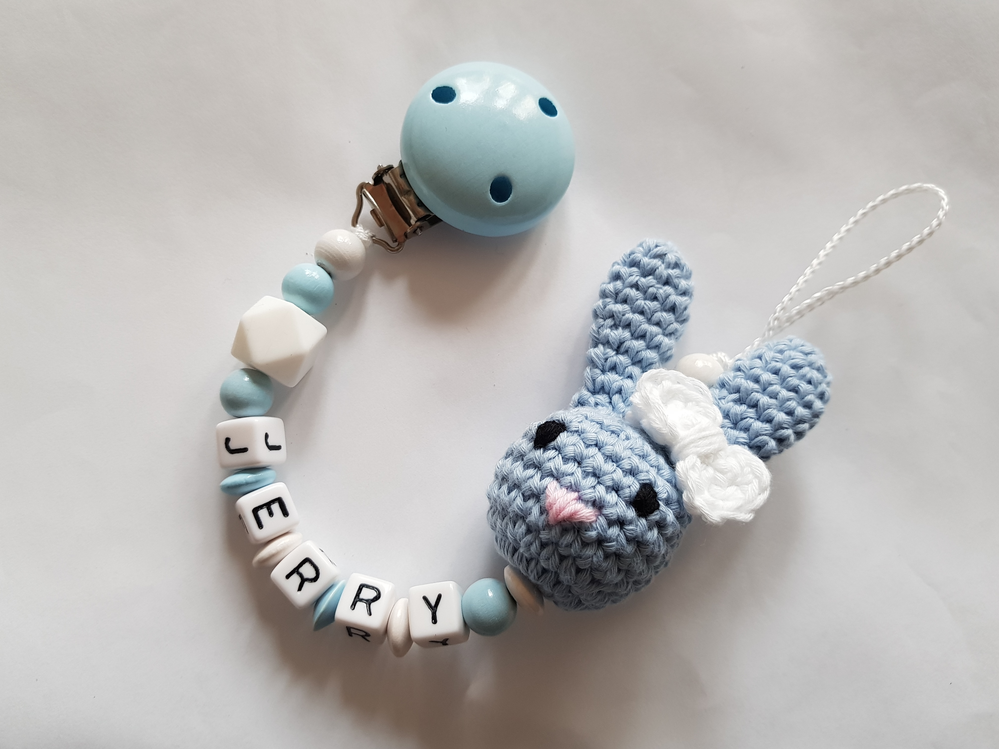 Baby Schnullerkette mit Namen - 3D Hase in blau