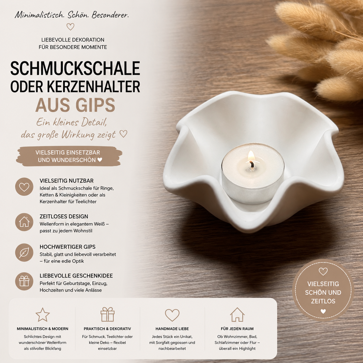 Schmuckschale aus Gips – Wellenform | Teelichthalter & Dekoschale