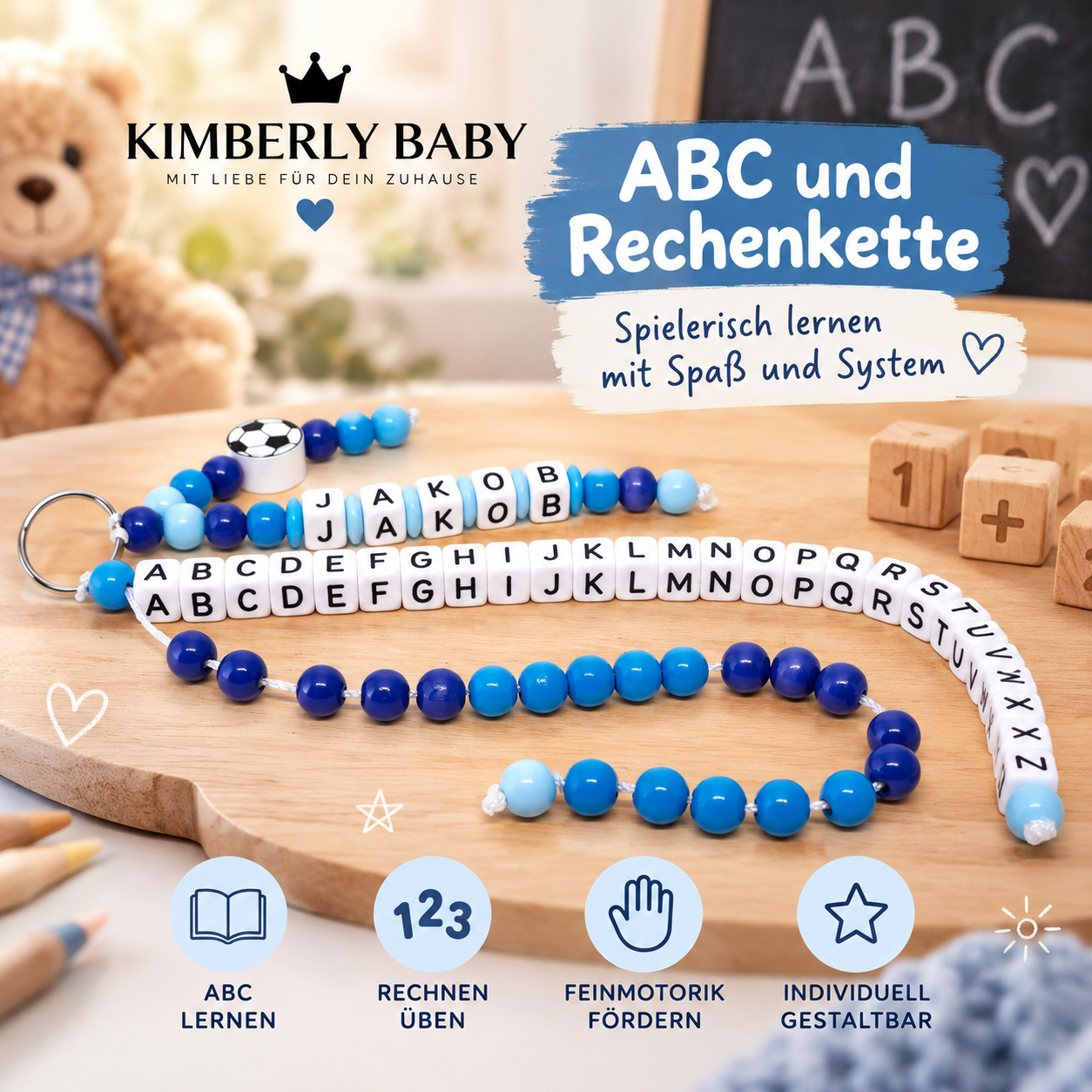 ABC- und Rechenkette mit Namen – personalisierte Lernkette mit Alphabet, Rechenperlen & Fußballmotiv