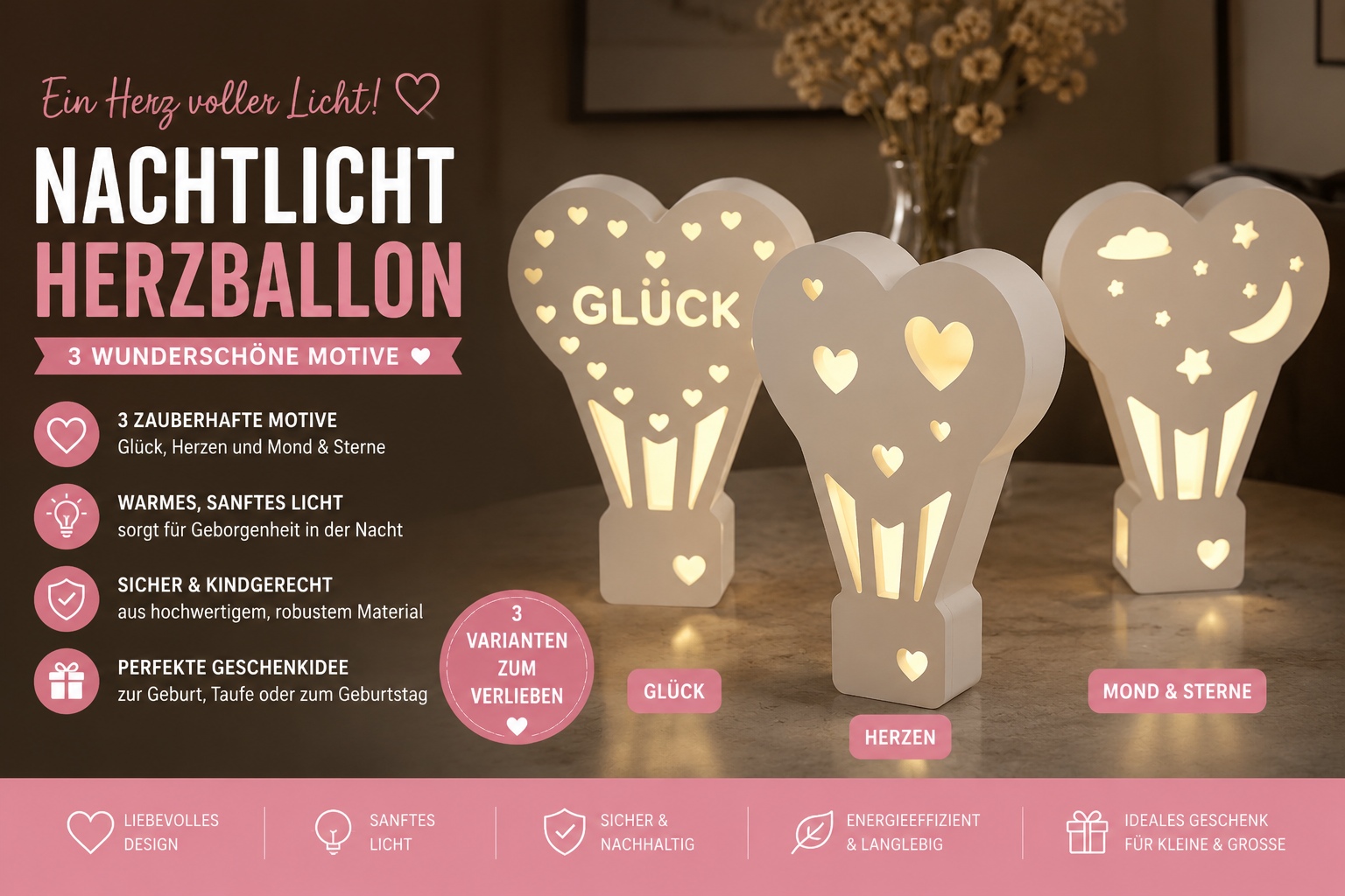 Herzballon Nachtlicht aus Gips – Dekolicht mit warmem Licht | 3 Motive