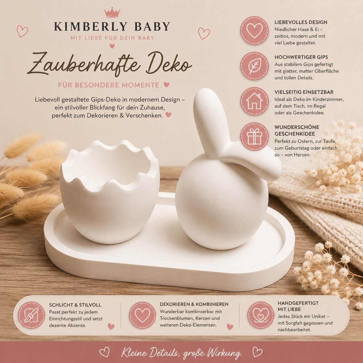 Osterdeko aus Gips – Hase mit Ei-Schale & Dekotablett im 3er-Set