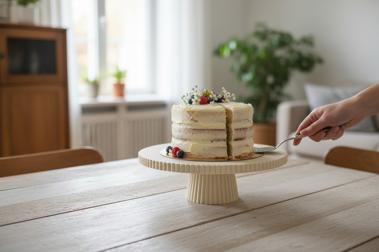Tortenständer aus 3D-Druck – dekorative Tortenplatte mit Fuß in Rillenoptik | Creme