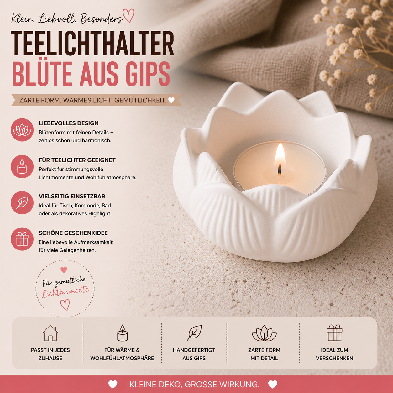 Teelichthalter Lotus Blüte aus Gips – dekorativer Kerzenhalter in Blumenform