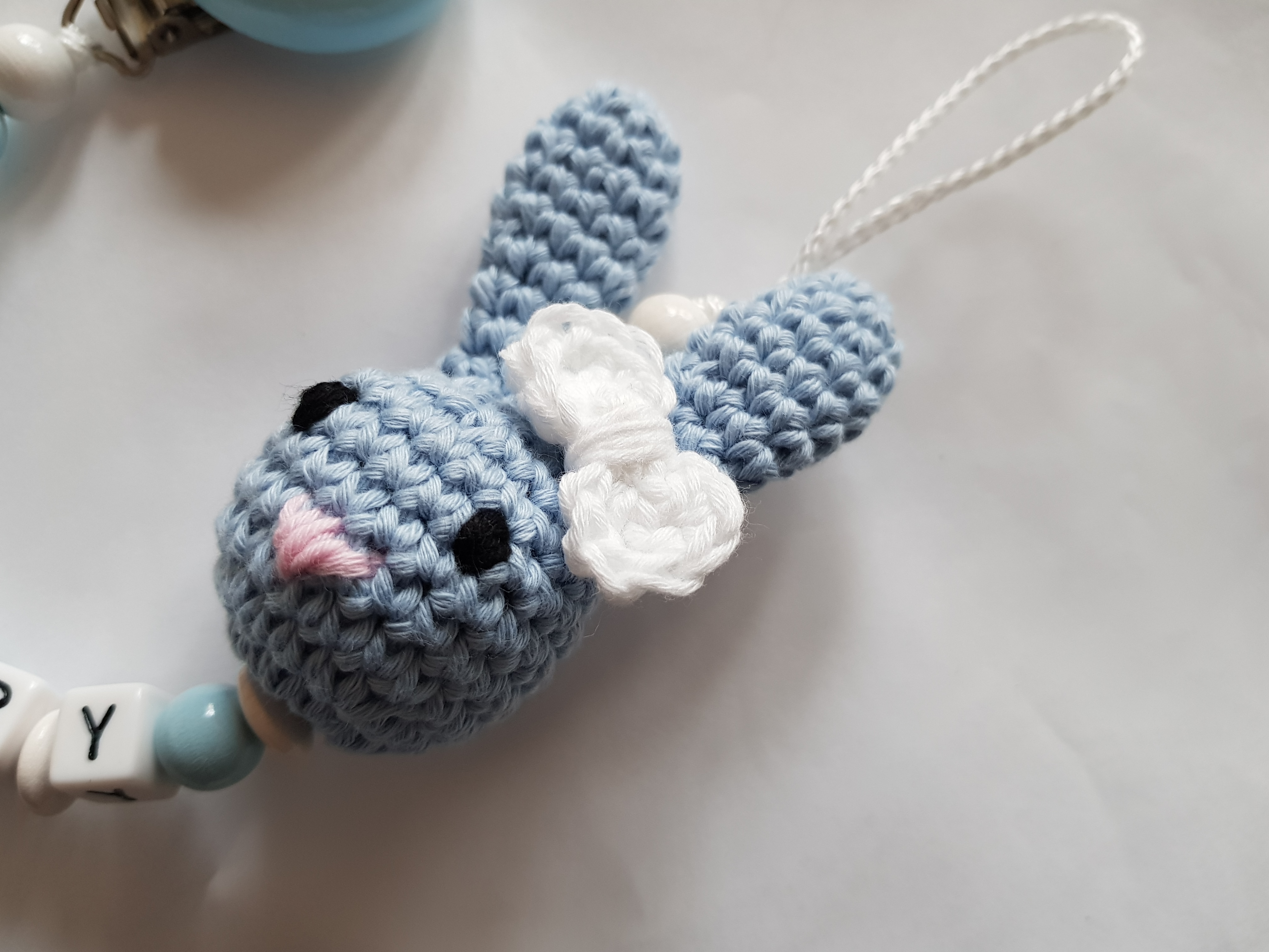 Baby Schnullerkette mit Namen - 3D Hase in blau
