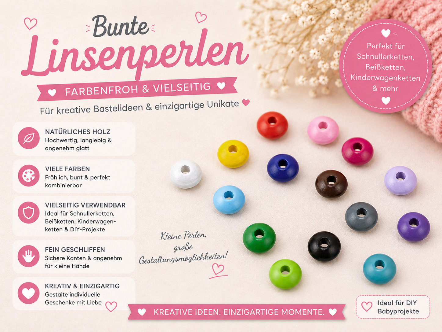 Holzlinsen - 50 Linsenperlen 10mm freie Auswahl