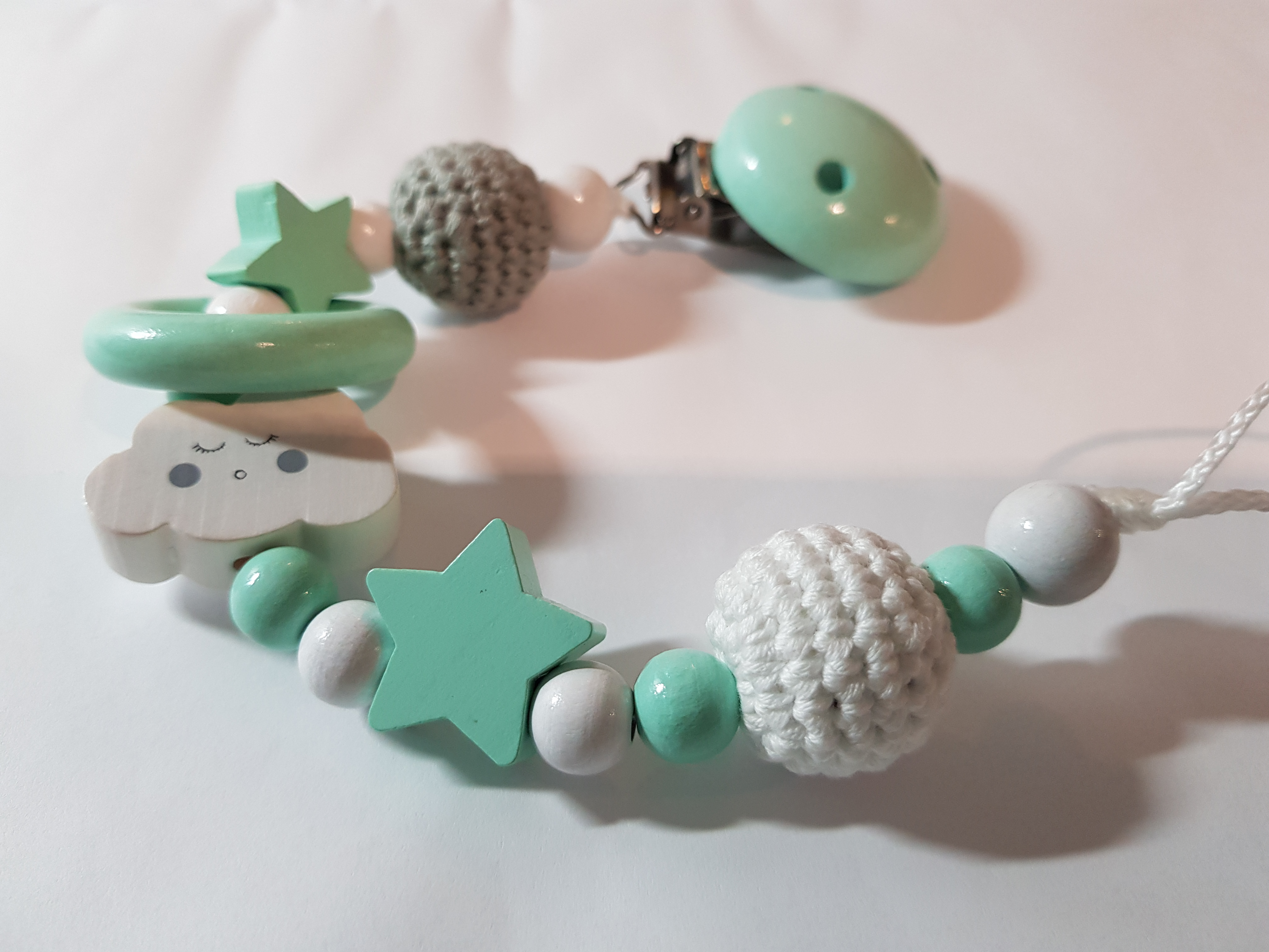 Baby Schnullerkette ohne Namen - Wolke Sterne Häkelperle in mint