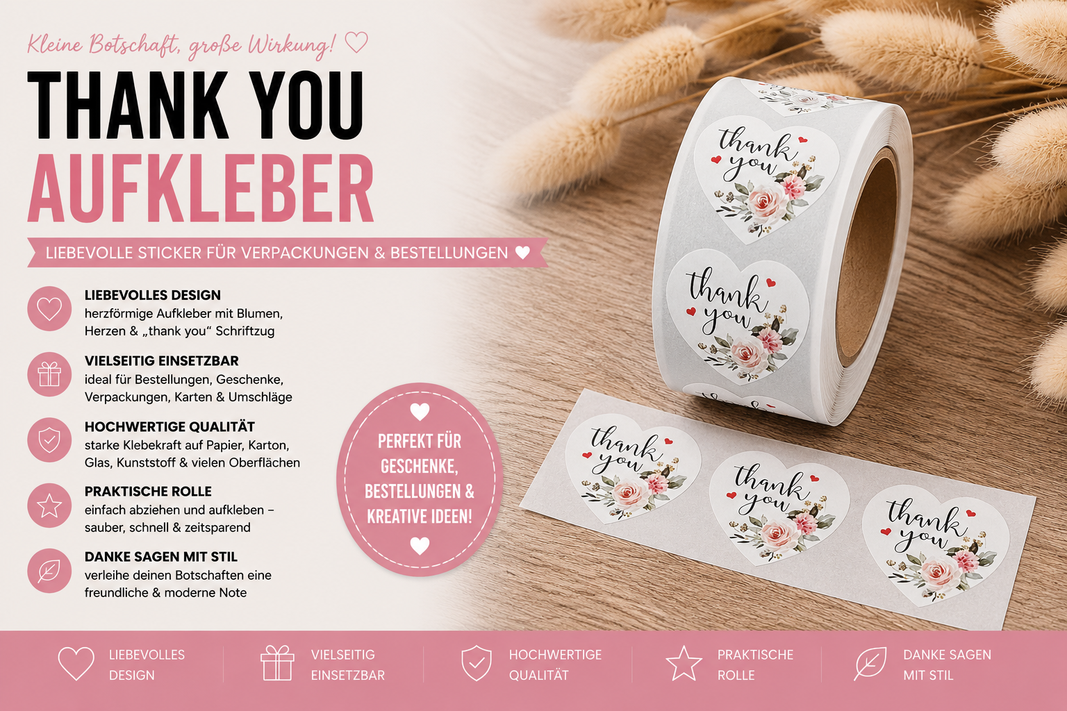 50 Thank You Aufkleber Herz mit Blumen – Danke Sticker für Verpackungen