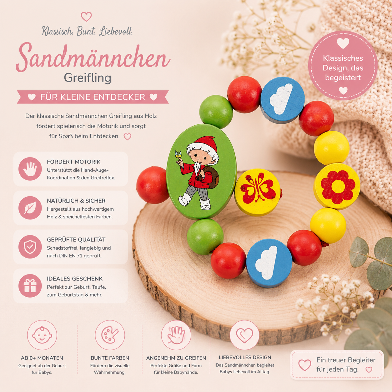 Sandmännchen Greifling aus Holz – Baby Greifling mit bunten Holzperlen | Motorikspielzeug ab Geburt