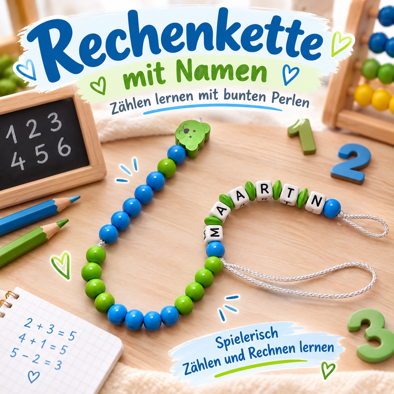 Personalisierte Rechenkette mit Namen – Zählkette mit 20 Perlen in Blau & Grün
