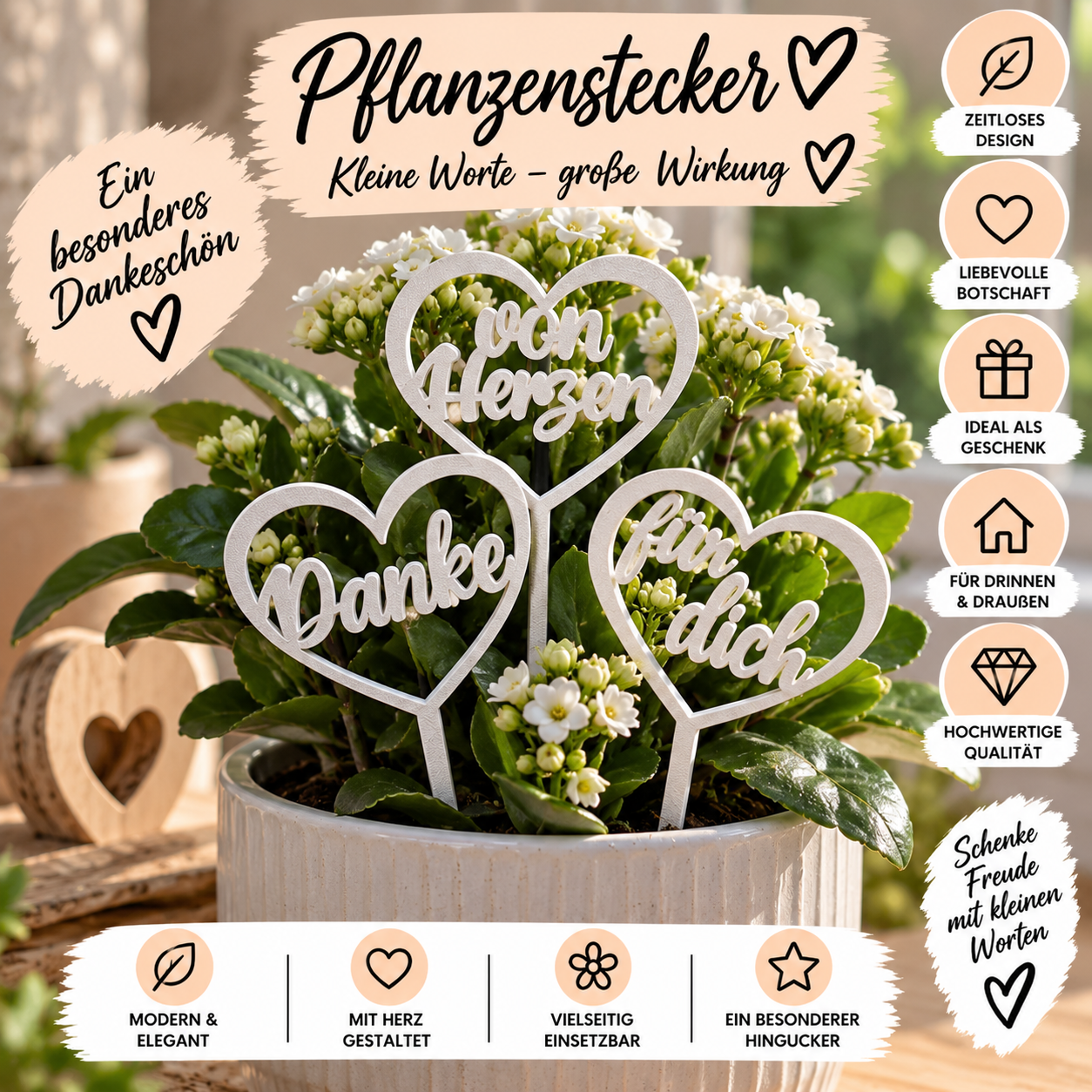 Pflanzenstecker Herz „Danke · für dich · von Herzen“ – 3D-Deko für Pflanzen