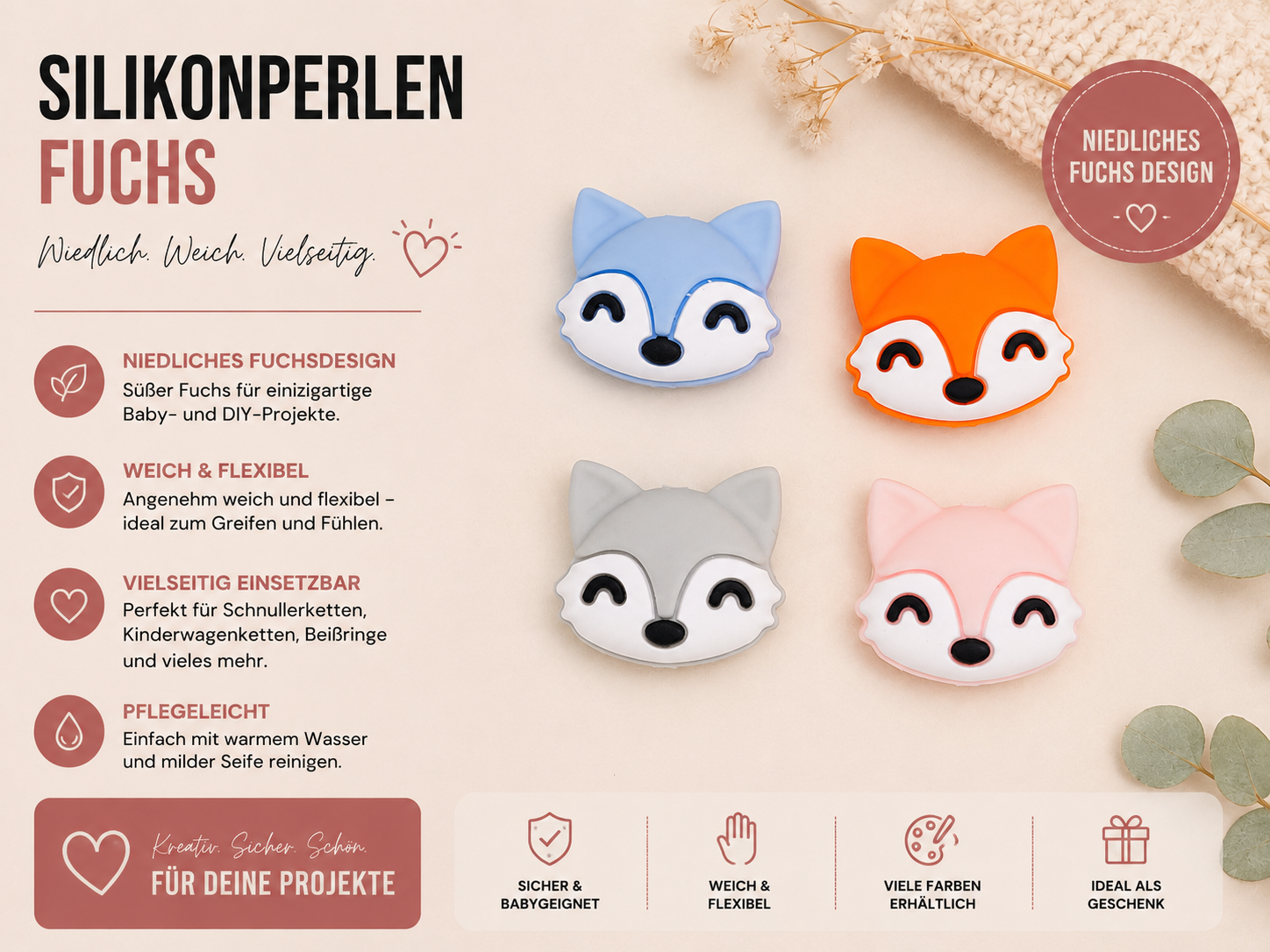 Silikon Motivperle Fuchs Waldtiere