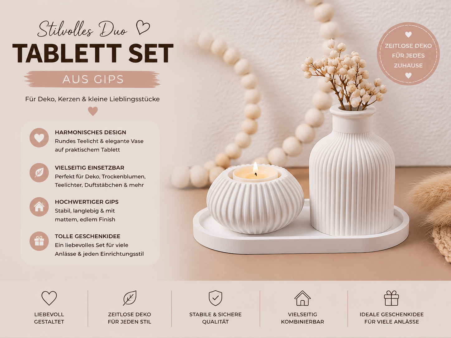 Deko-Set aus Gips – Tablett, Vase & Teelichthalter | 3-teilig