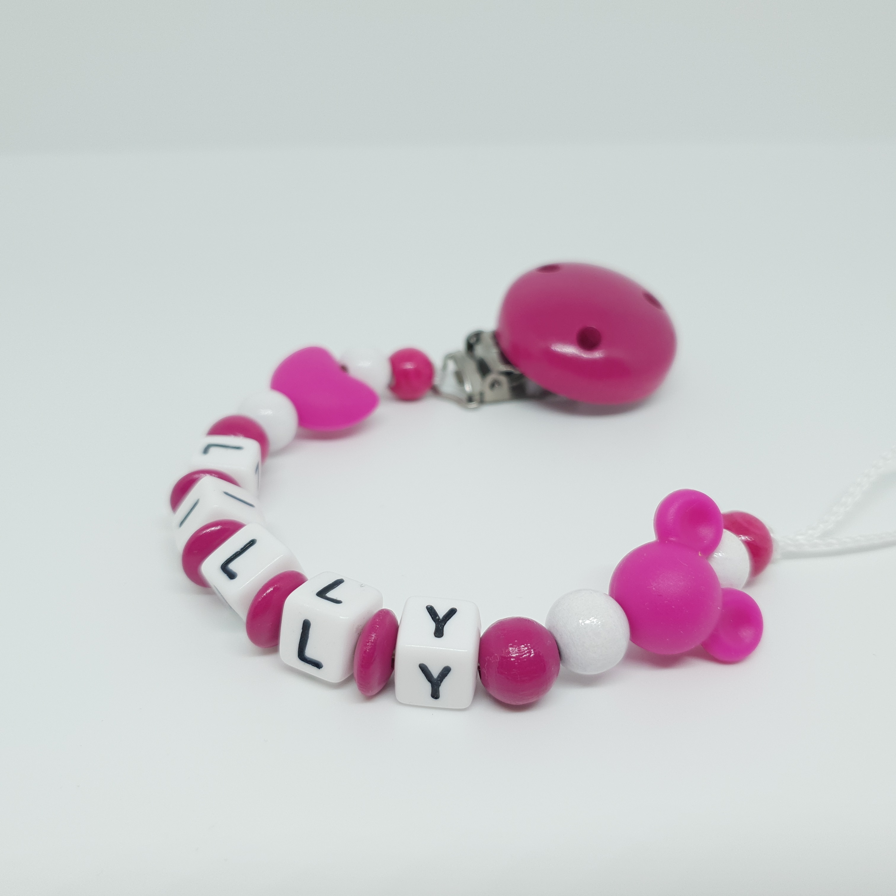 Baby Schnullerkette mit Namen - Silikon Herz und Maus in pink