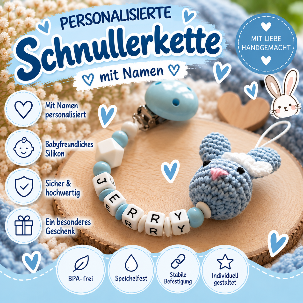 Personalisierte Schnullerkette mit Namen & Häkelhase – Babyblau & Weiß