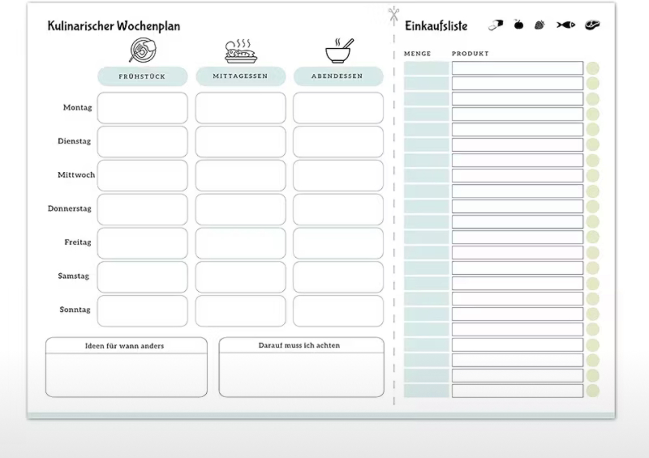 📝✨ Dein kulinarischer Wochenplan – selbst gestalten, stressfrei genießen! ✨🛒
