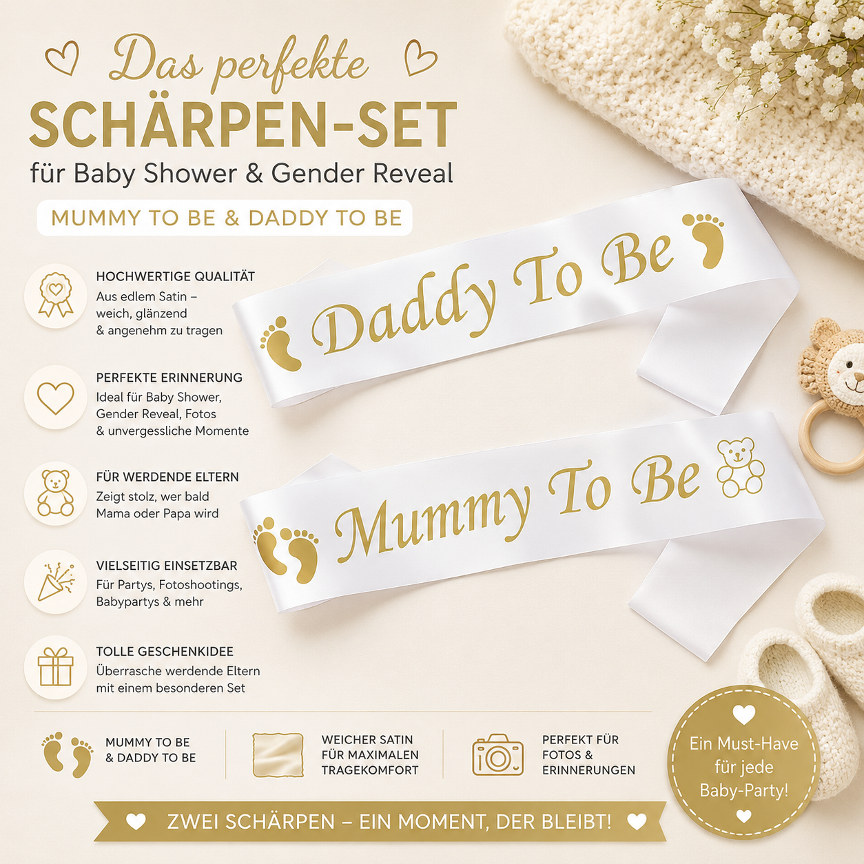 Schärpen Set "Mummy To Be & Daddy To Be" – Weiß/Gold | Baby Shower & Gender Reveal