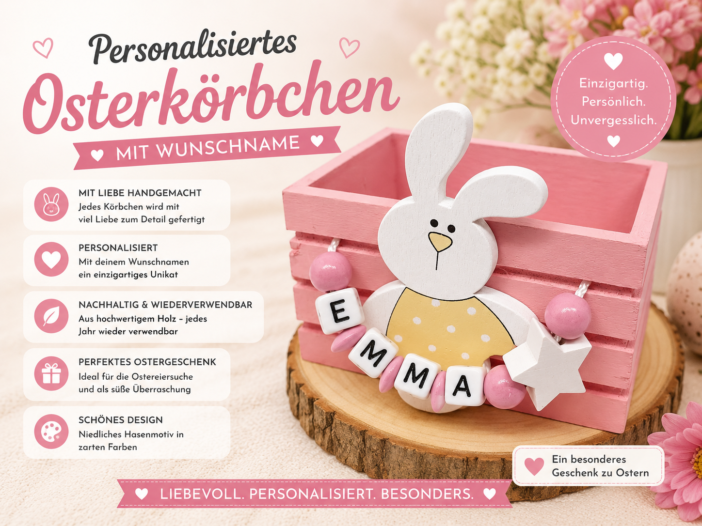 Personalisiertes Osterkörbchen aus Holz mit Wunschnamen