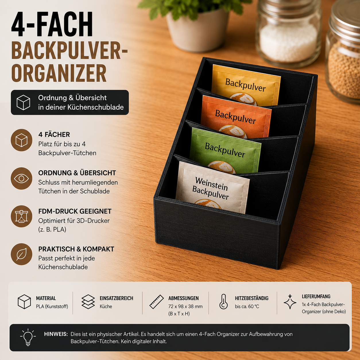 4-Fach Backpulver Organizer – Aufbewahrung für Backpulver-Tütchen | Küchen Organizer