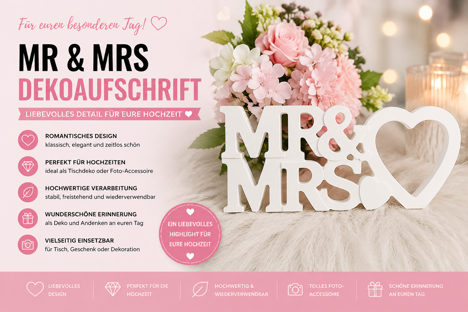 MR & MRS Gips-Deko mit Herz – Hochzeitsdeko & Tischdekoration