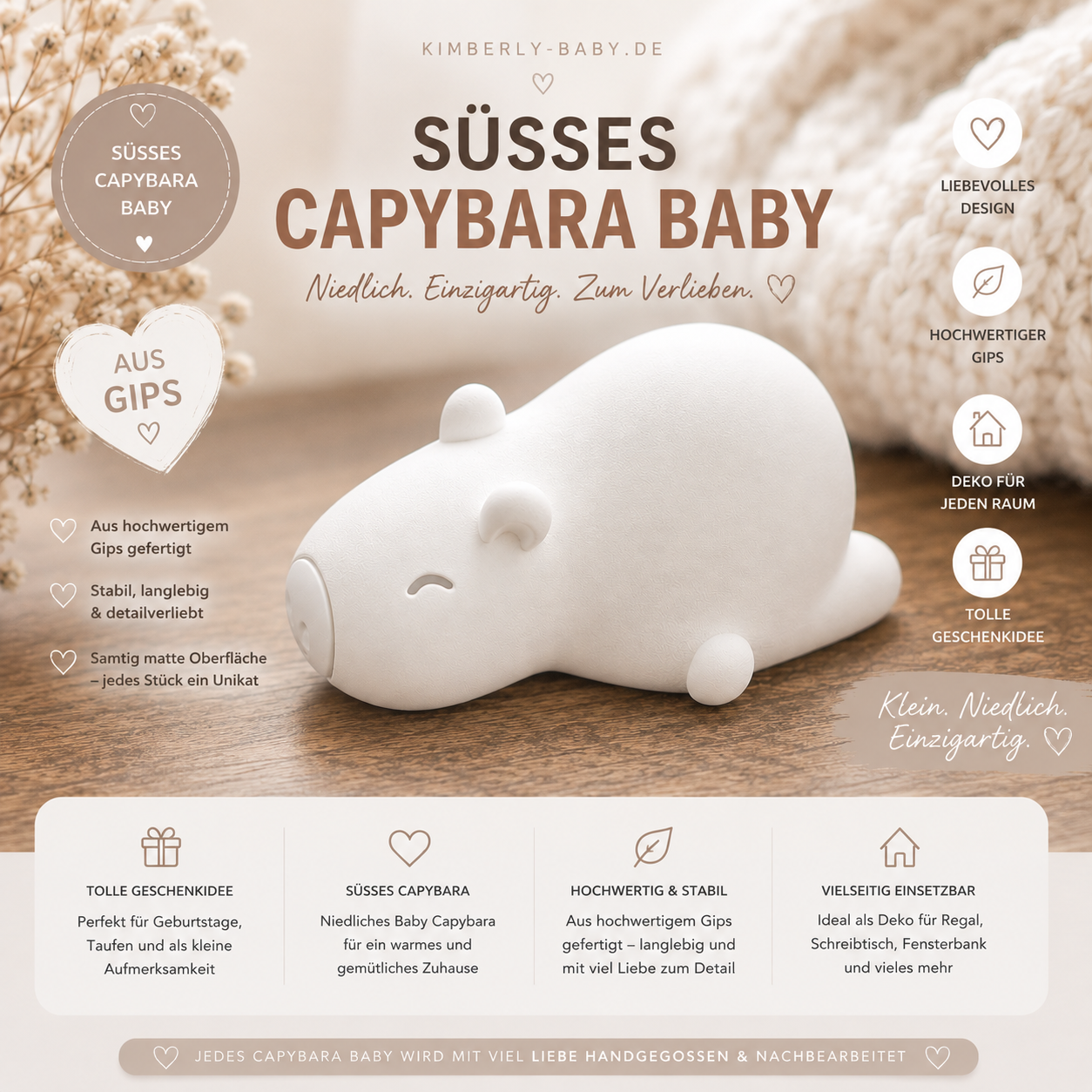 Capybara Baby aus Gips – handgegossene Dekofigur in Weiß