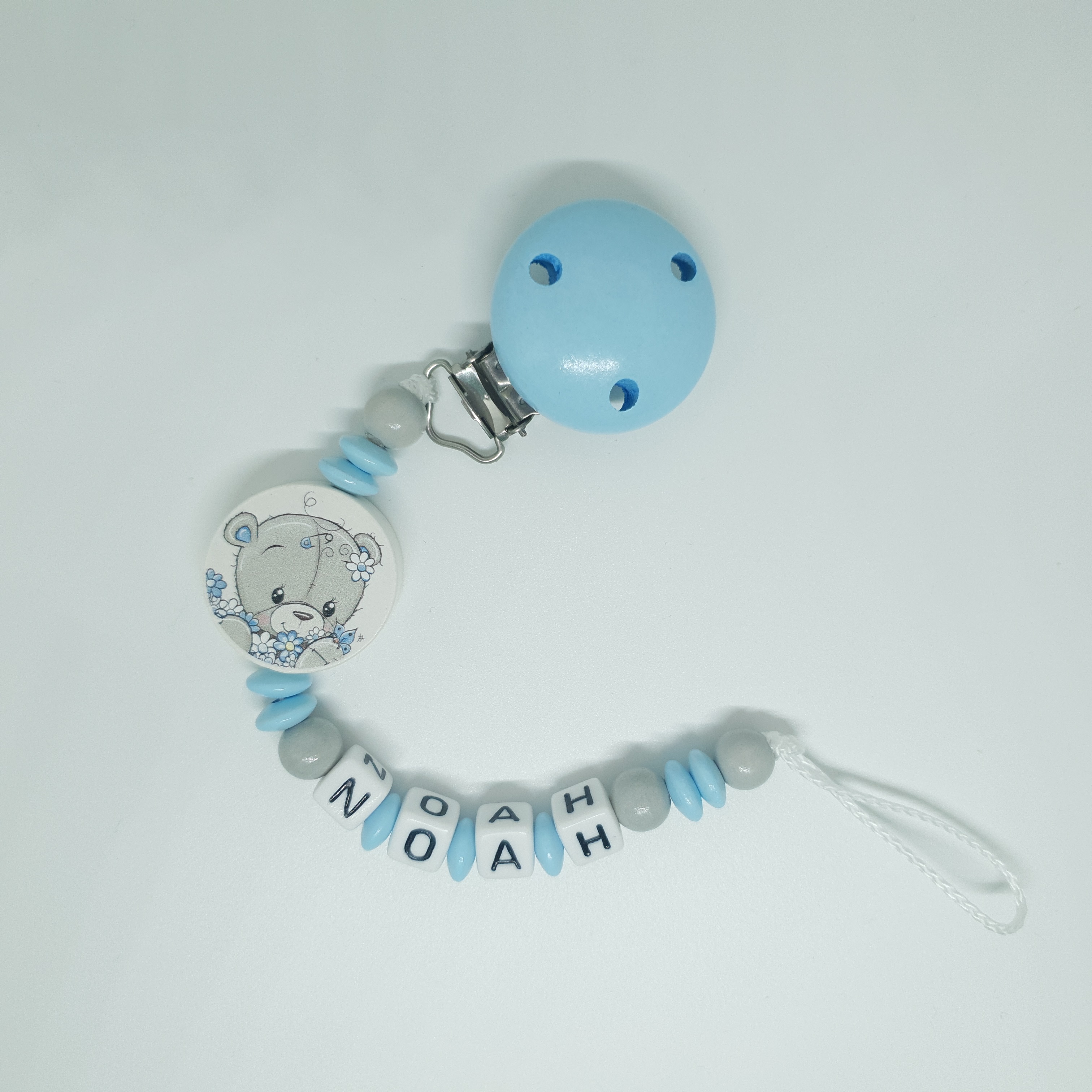 Baby Schnullerkette mit Namen - Teddy in blau grau