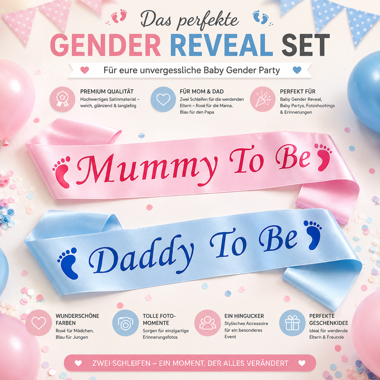 Gender Reveal Schärpen Set – Mummy To Be & Daddy To Be | Baby Shower Party Accessoire