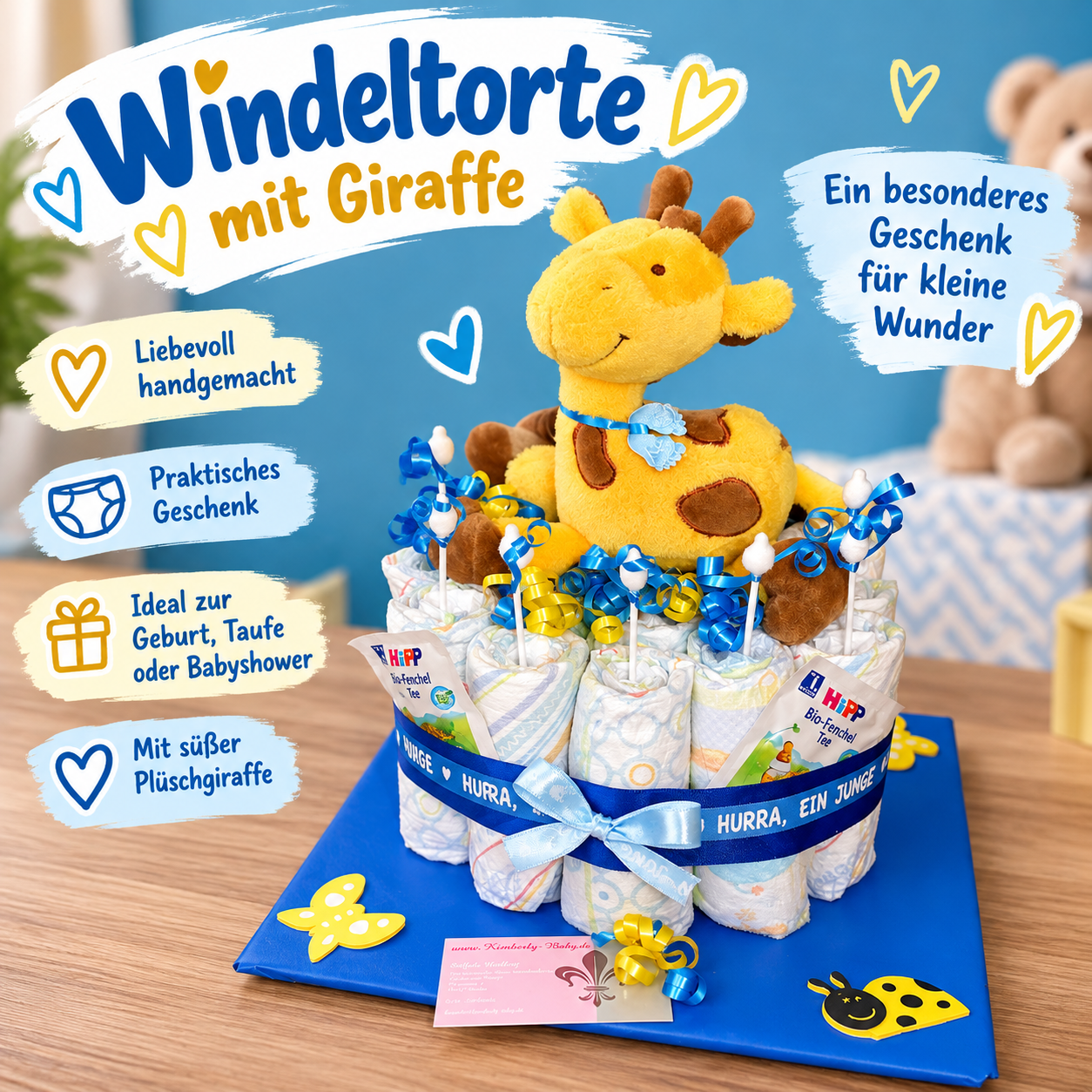 Windeltorte mit Giraffe für Jungen – Babygeschenk zur Geburt mit Windeln & Kuscheltier