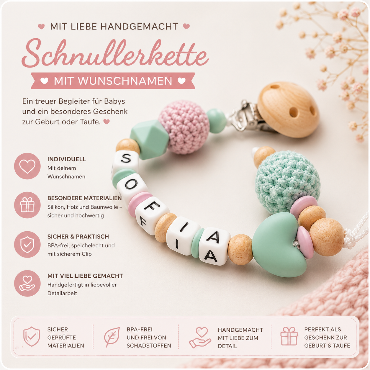 Personalisierte Schnullerkette mit Häkelperlen, Silikonherz & Namen – Mint, Rosa & Natur