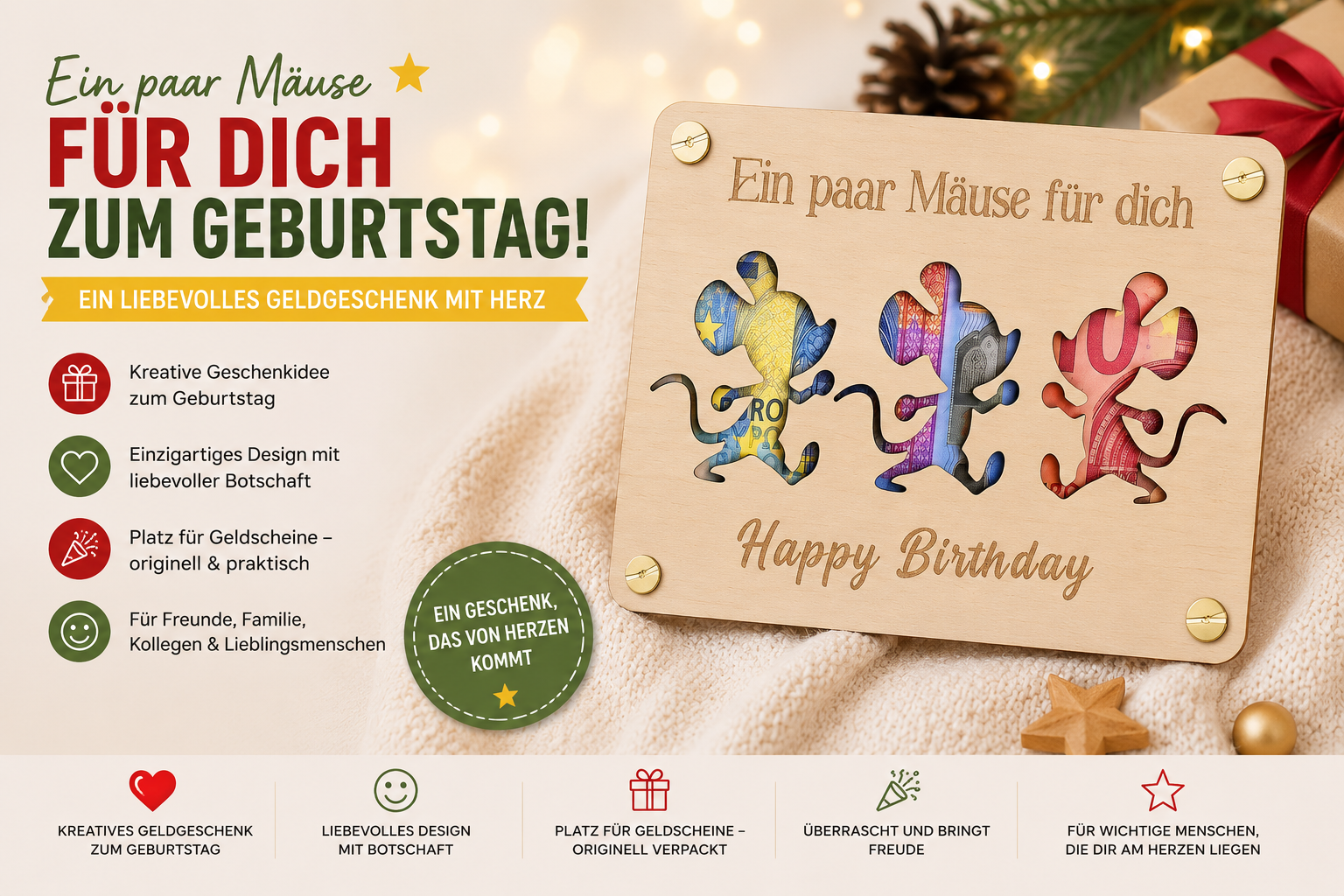 Geldgeschenk zum Geburtstag „Ein paar Mäuse für dich“ – Mäuse aus Holz