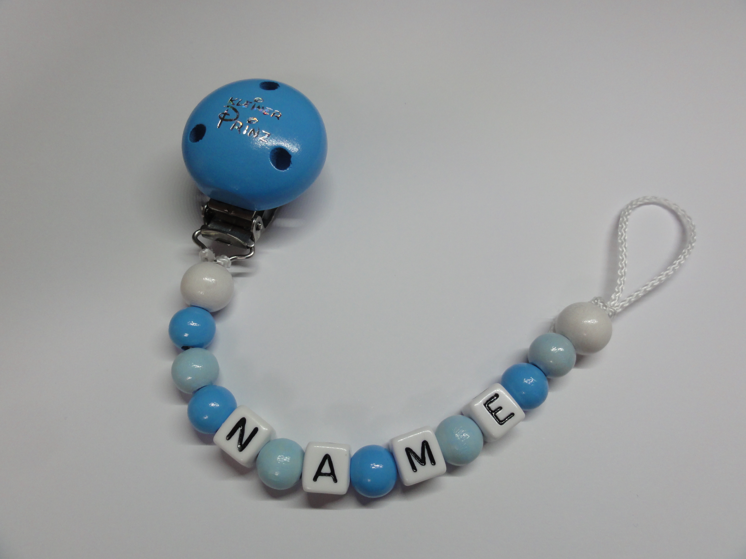 Baby Schnullerkette mit Namen - in blau