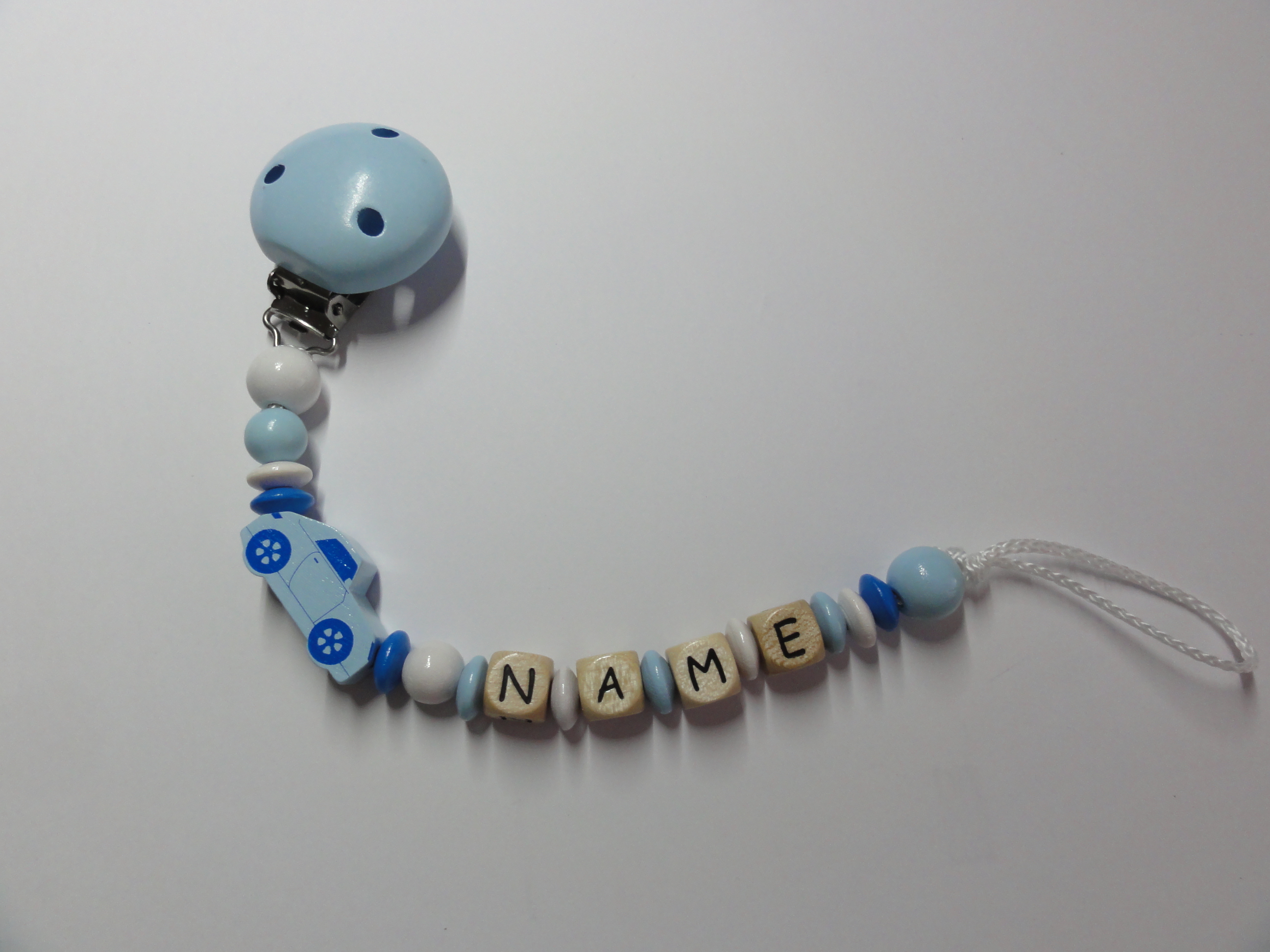 Baby Schnullerkette mit Namen - Auto - Babyblau